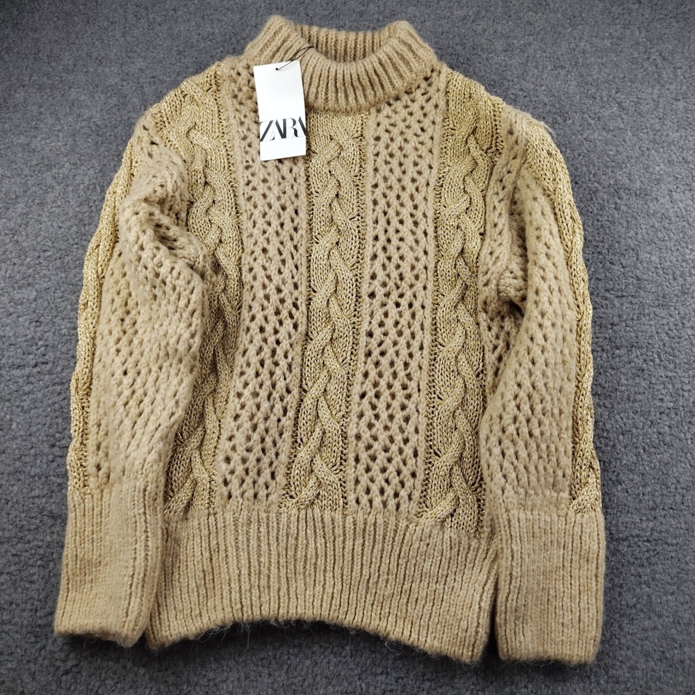 Zara Gold Metallic Cable Knit Sweater Beige Mock Neck Chunky Pullover Small‎ NWT